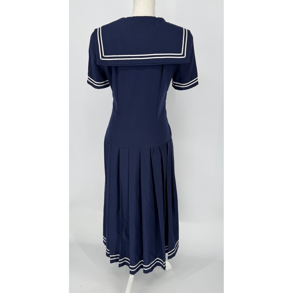 Vintage Handmade Navy Sailor Dress S Nautical Pleated Midi Gold Buttons Preppy - Picture 6 of 13